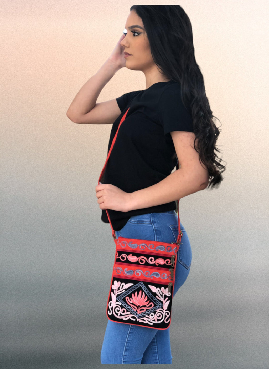 Suede Embroidered Five Zipper Cross-Body Bag